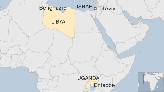 Map showing Israel, Libya and Uganda