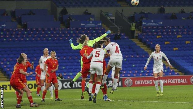 Wales v Denmark match action, Laura O'Sullivan defends a cross.