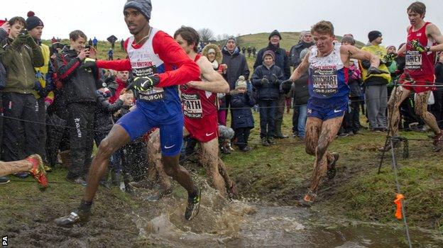 Mo Farah competing in the Great Edinburgh Cross Country