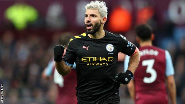 Sergio Aguero celebrates scoring for Manchester City against Aston Villa