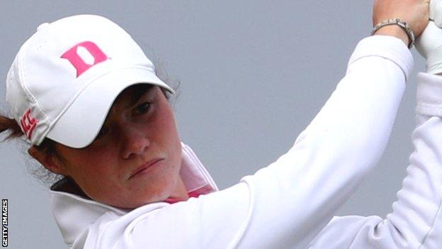 Leona Maguire watches her drive at the fourth hole in Saturday's third round