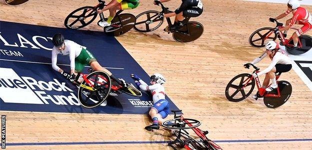 Laura Kenny and Lizbeth Salazar were both taken out of the race by the crash