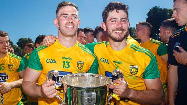 Patrick McBrearty and Ryan McHugh celebrate with the Anglo-Celt Cup