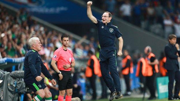 Martin O'Neill celebrates Robbie Brady's winning goal against Italy