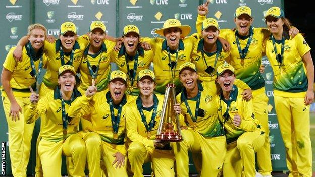 Australia with the Women's Ashes trophy