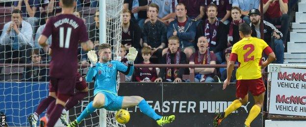 Birkirkara's Edward Herrera scores against Hearts