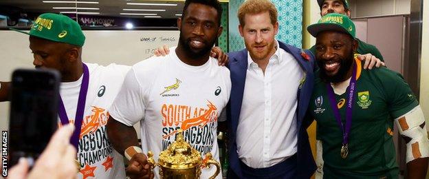 The Duke of Sussex visited the South Africa dressing room to congratulate the champions