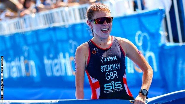 Lauren Steadman crosses the finish line at the Tokyo test event