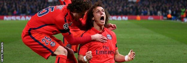 David Luiz celebrates his late headed goal for PSG