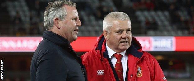 Sean Fitzpatrick and Warren Gatland chat on the touchline before a British and Irish Lions Test against the All Blacks in 2017