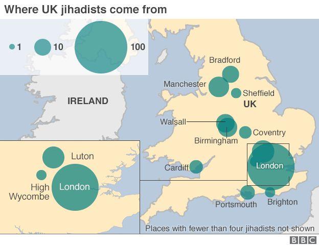 Map of origins of UK jihadists showing hotspots in London, Birmingham, Manchester, Cardiff and Portsmouth.