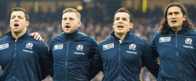 Scotland players Alasdair Dickinson, Finn Russell, John Hardie and Blair Cowan sing the national anthem before facing Australia at the World Cup