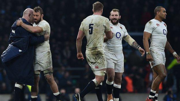 England's Joe Marler and George Kruis during the Six Nations international rugby union match between England and Wales at Twickenham.