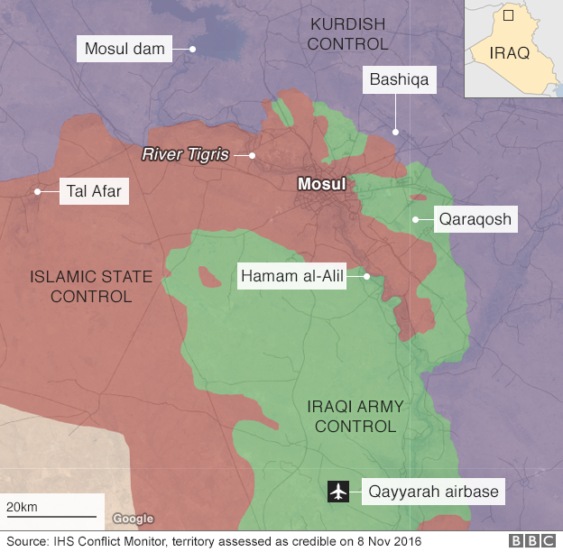 Map showing control of territory around the Iraqi city of Mosul