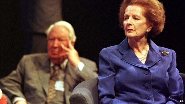 Sir Edward sitting behind Mrs Thatcher at the 1998 Tory party conference