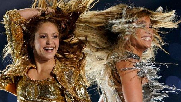 Shakira (left) and Jennifer Lopez performing at the Super Bowl half-time show in Miami