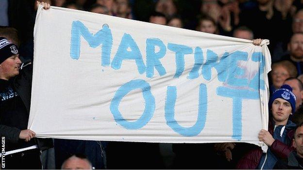 Everton fans with a banner aimed at manager Roberto Martinez