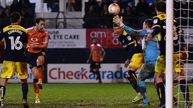 Danny Hylton (second left) equalises for Luton