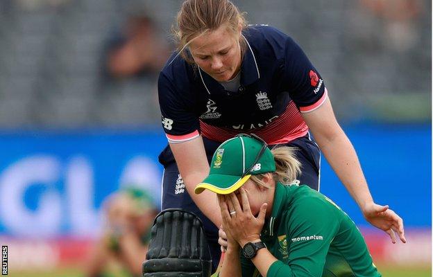 England's Anya Shrubsole consoles South Africa's Dane van Niekerk