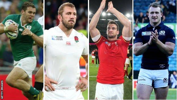 Ireland's Darren Cave, England's Chris Robshaw, Wales' Sam Warburton and Scotland's Stuart Hogg