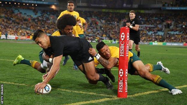 Rieko Ioane scores a try for New Zealand against Australia in Sydney