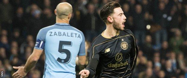 Patrick Roberts celebrates for Celtic against Manchester City