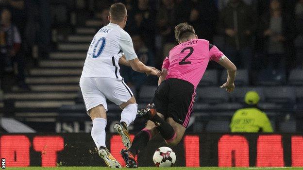 Slovakia's Robert Mak challenges Scotland's Kieran Tierney