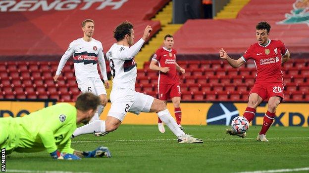 Diogo Jota scores for Liverpool against Midtjylland in the Champions League