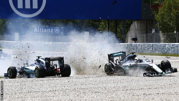 Lewis Hamilton and Nico Rosberg crash in Barcelona