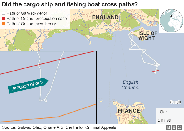 Map showing how the prosecution case and Ms Bolton's theory on the Oriane's position differ