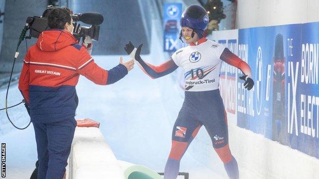 Matt Weston celebrates his World Cup win in Innsbruck