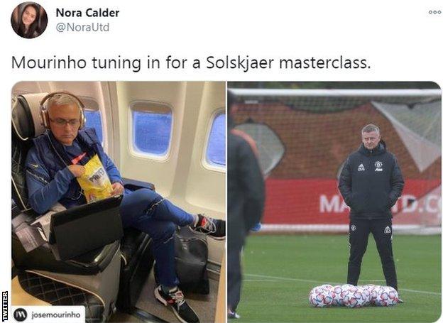 Split screen: Left: Mourinho watches film on plane, right: Ole Gunnar Solksjaer in training