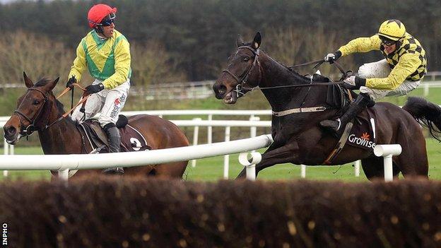 Paul Townend is about to hit the rails on Al Boum Photo after seemingly getting his bearings wrong as he approached the last in the Champion Novice Chase