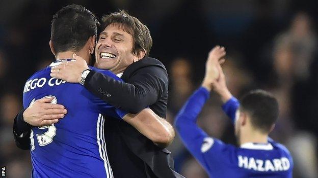 Chelsea manager Antonio Conte (right) embraces goalscorer Diego Costa