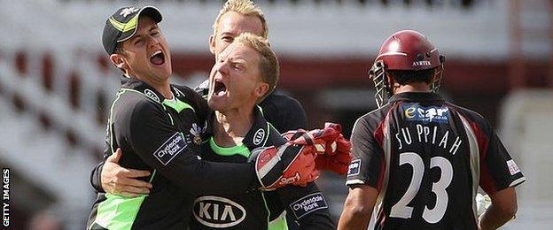 Gareth Batty (centre) and Somerset-bound Steven Davies (left) were part of the last Surrey to win a Lord's final - the CB40 against Somerset in 2011