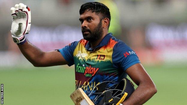 Bhanuka Rajapaksa waves to the crowd after finishing 71 not out against Pakistan in the Asia Cup final