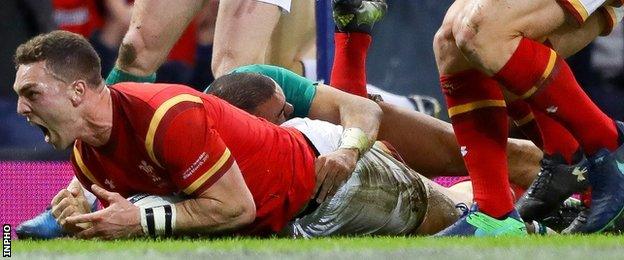 An outpouring of emotion from Welsh wing George North after he scores the opening try against Ireland