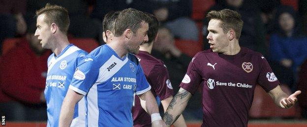 Hearts' Sam Nicholson was sent off in the defeat by St Johnstone