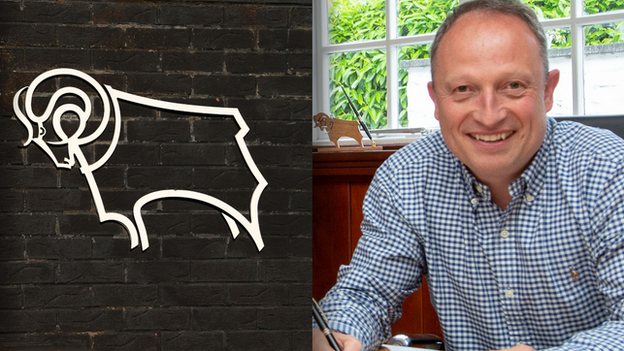 Split image of David Clowes and the Derby County logo