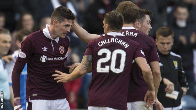 Hearts striker Kyle Lafferty is congratulated on his winning goal