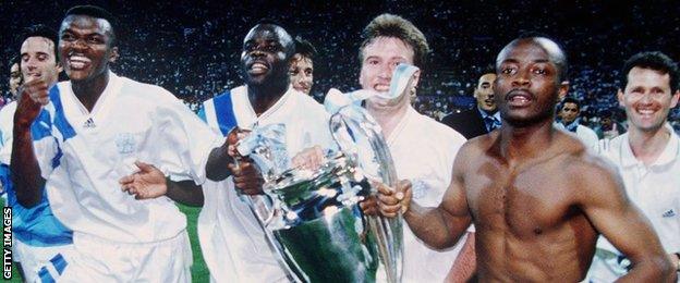 Abedi Pele and his Marseille team-mates celebrate winning the 1993 European Cup