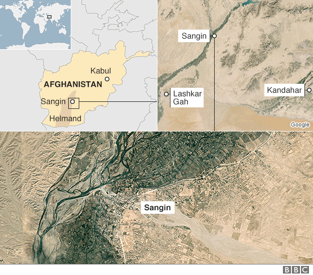 Map showing Sangin in Helmand province