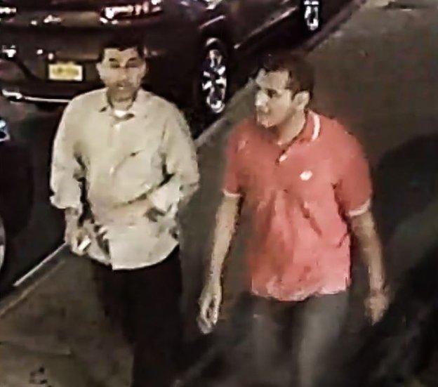 The FBI is seeking assistance in locating two unidentified men seen on surveillance footage taking a suitcase that contained an explosive device and leaving the device behind.