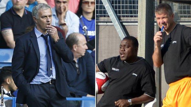 Chelsea manager Jose Mourinho (left) and New Mills management duo Paul Williams and Garry Brown