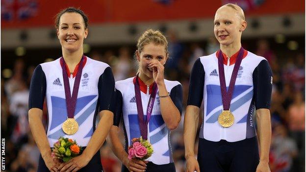 Dani King, Laura Trott and Joanna Rowsell Shand on the podium with their London 2012 gold medals