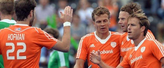 Jeroen Hertzberger (right) celebrates scoring against Ireland