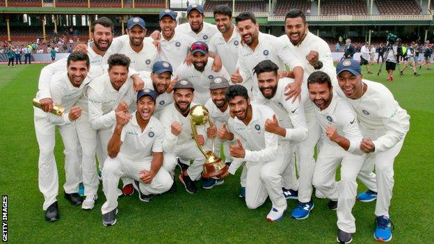 India team celebrating in Sydney after winning a Test series against Australia in 2019