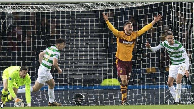 Louis Moult (second right) appeals for a penalty in the 2-0 defeat to Celtic