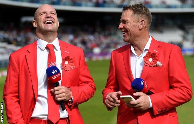 Sky Sports commentators Andrew Strauss and Shane Warne during day two of the 2nd Specsavers Ashes Test match at Lord's Cricket Ground on August 15, 2019