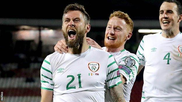 Republic forward Daryl Murphy celebrates scoring against Serbia in last September's qualifier in Belgrade